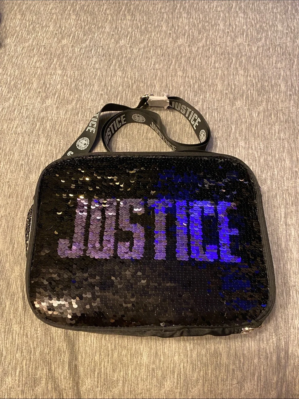 Justice Flip Sequin Lunchbox Tote w/ Crossbody Strap Black Silver & Purple NWOT